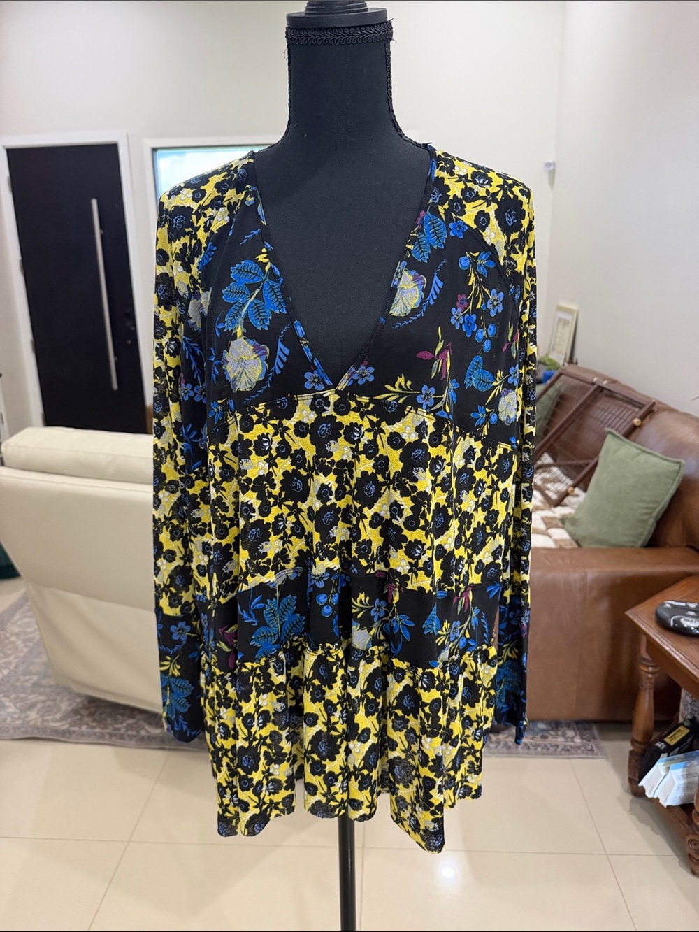 Free People Black, Yellow and Blue Floral V-Neck Tiered Tunic